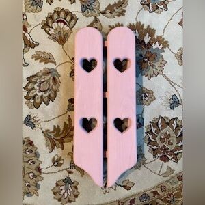 Vintage Pink Hanging Wooden Wall Shelf with Cut Out Heart Doors Curio Pegs